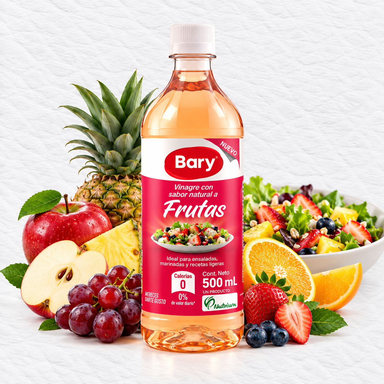 Botella de vinagre con sabor natural a frutas