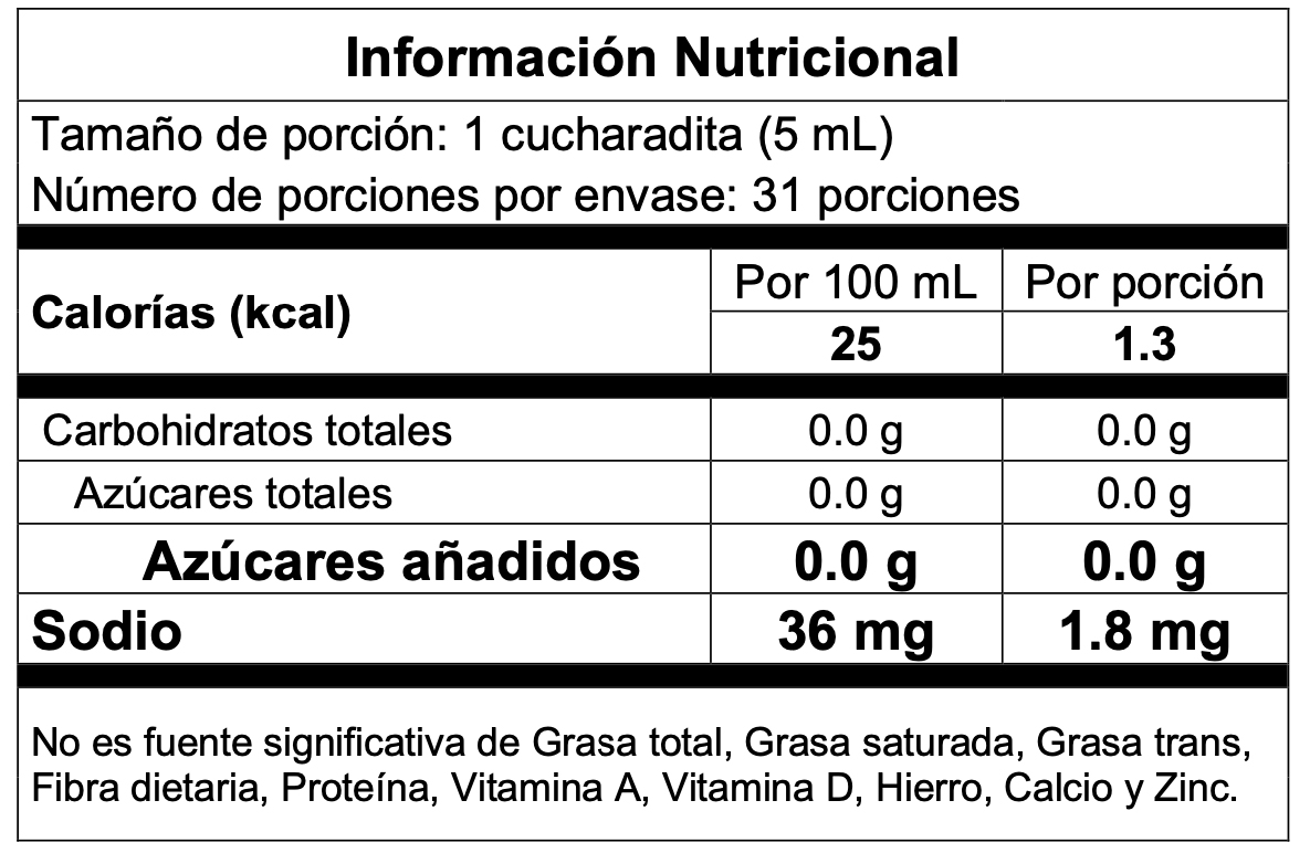 Tabla nutricional de Esencia de Vainilla Bary x 155 ml